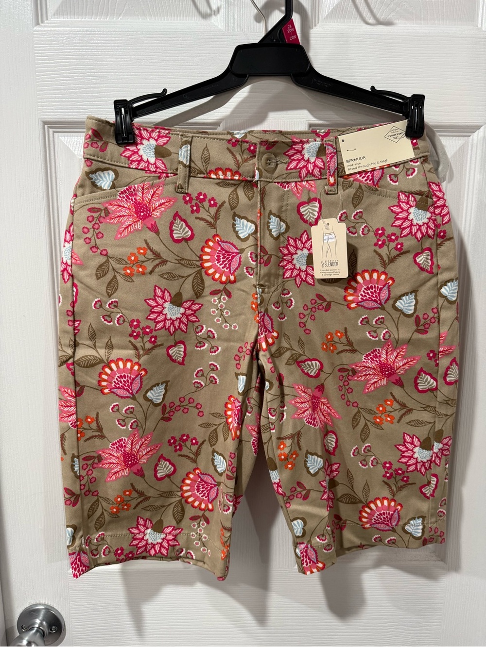 St. John's Bay Khaki Bermuda Shorts with Bold Pink Floral print